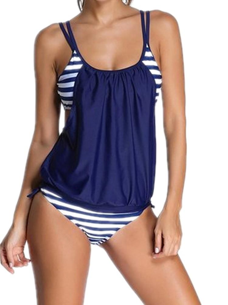 Women Stripe Print Bathing Suit Tankini - DadHats2ow6ix