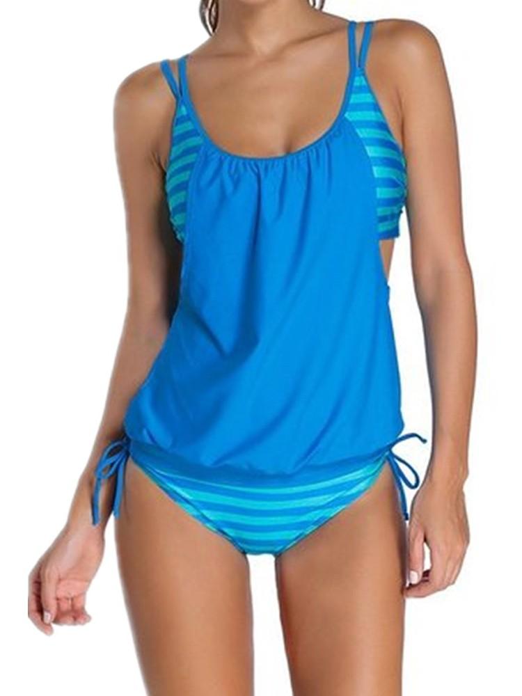 Women Stripe Print Bathing Suit Tankini - DadHats2ow6ix