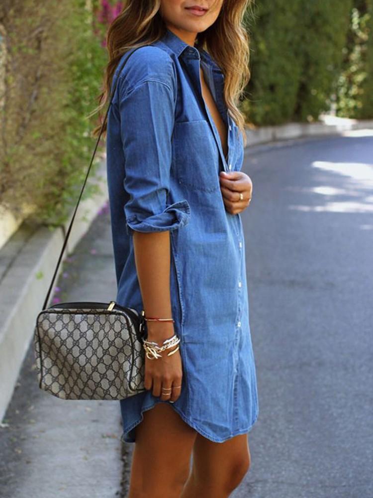 Trendy Buttoned Denim Shirt Dress - DadHats2ow6ix