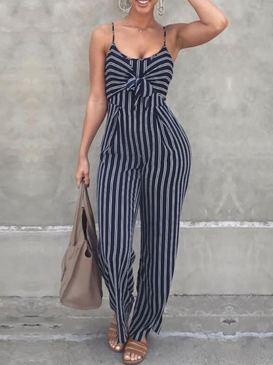 Striped Knot Front Wide Leg Slip Jumpsuit - DadHats2ow6ix