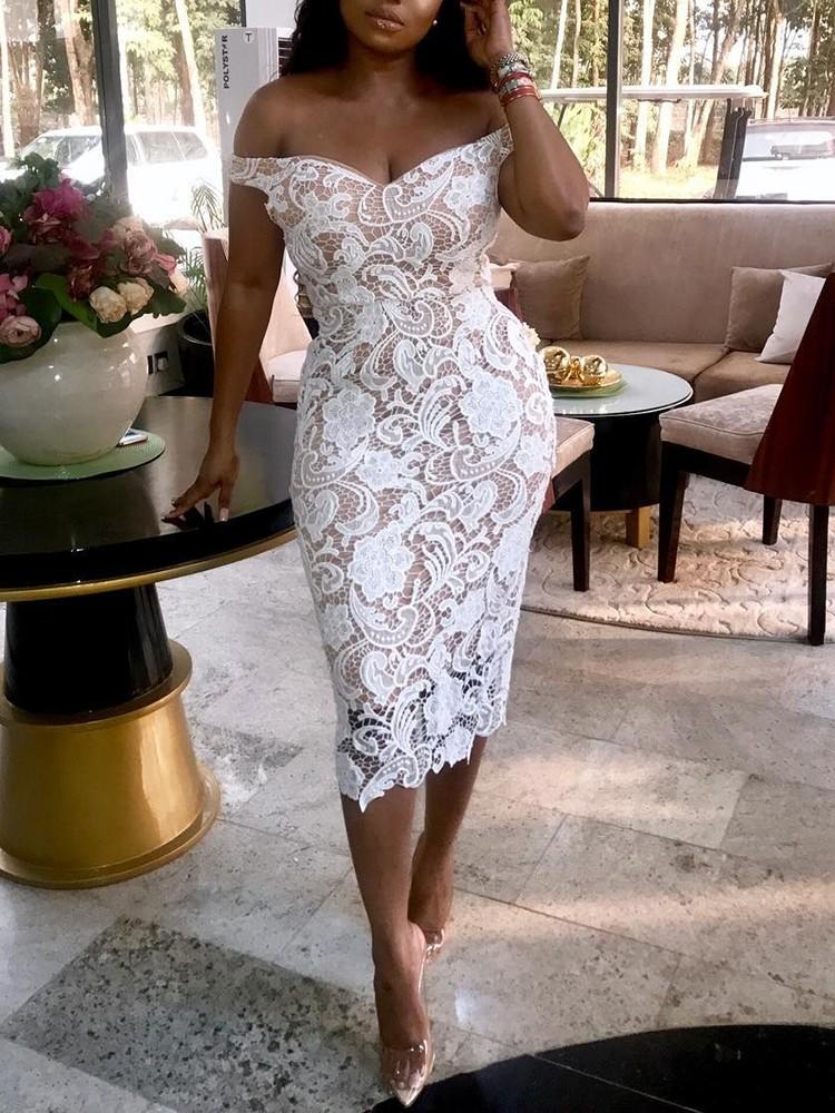 White Off Shoulder Conchet Bodycon Lace Dress Cocktail Graduation - DadHats2ow6ix