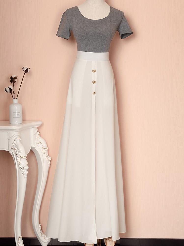 White Chiffon Button Design High Slit Skirt - DadHats2ow6ix