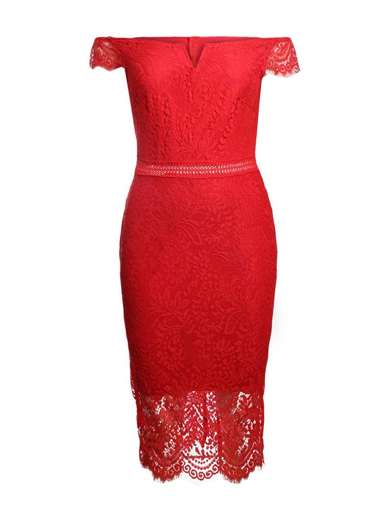 Elegant Off Shoulder Lace Sheath Midi Dress - DadHats2ow6ix