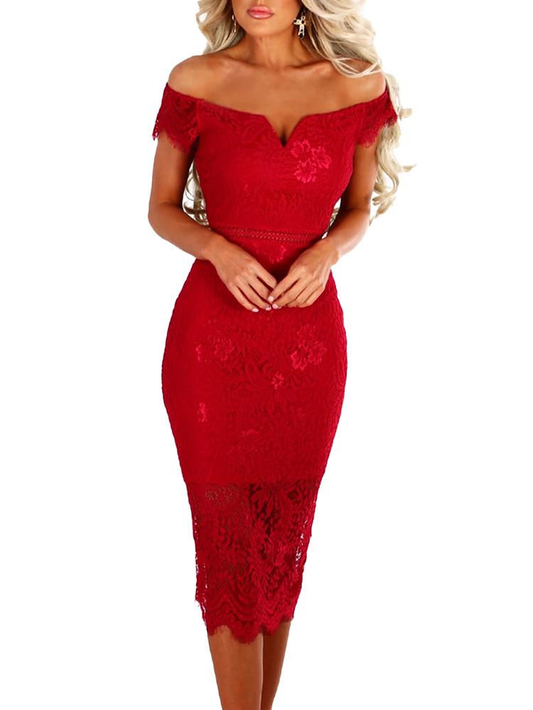 Elegant Off Shoulder Lace Sheath Midi Dress - DadHats2ow6ix