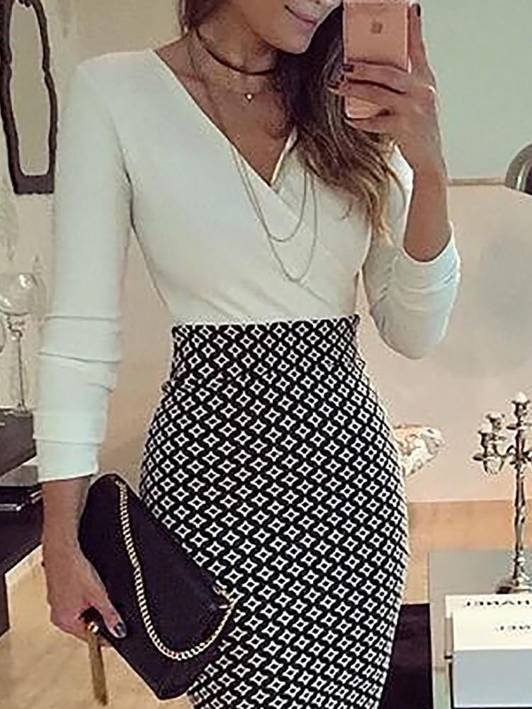 V-Neck Wrap Geo Print Splicing Bodycon Dress - DadHats2ow6ix