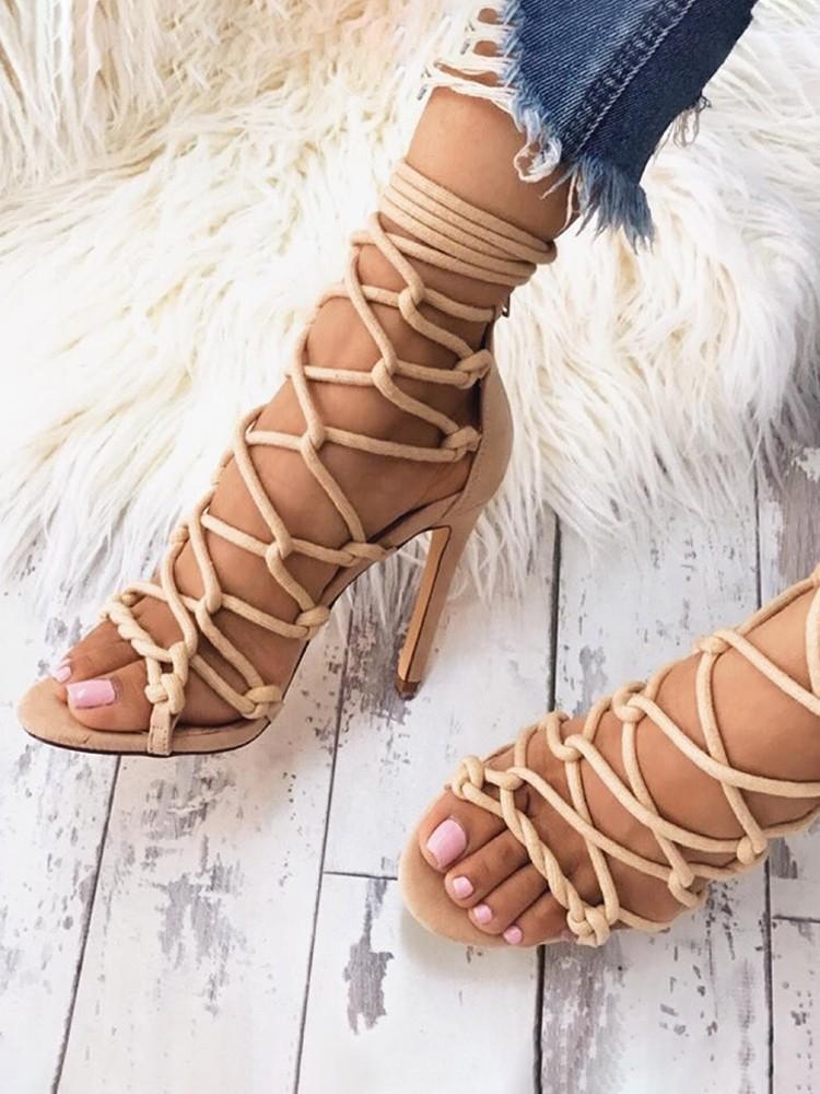 Solid Hollow Out Lace Up Thin Heels Sandals - DadHats2ow6ix