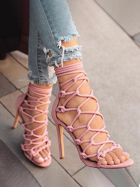 Solid Hollow Out Lace Up Thin Heels Sandals - DadHats2ow6ix