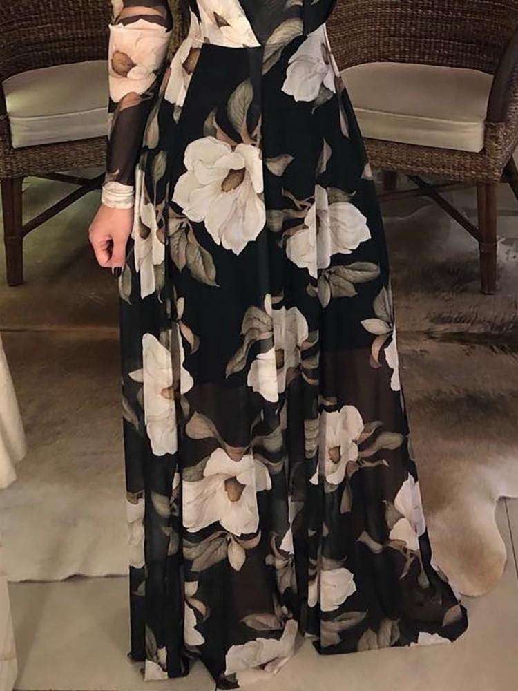 Floral Print V Neck Long Sleeve Maxi Dress - DadHats2ow6ix