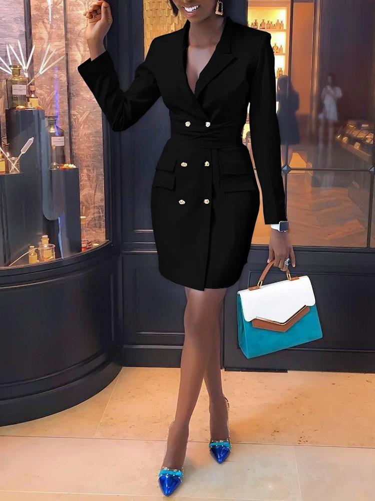 V-Neck Double Breasted Blazer Dress - DadHats2ow6ix