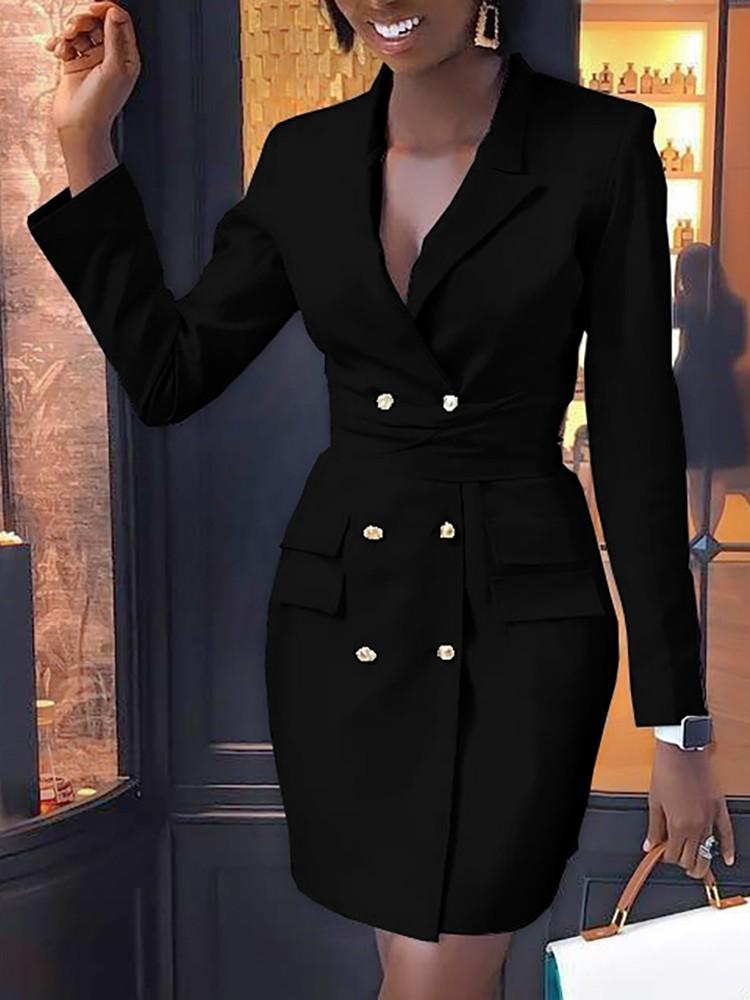 V-Neck Double Breasted Blazer Dress - DadHats2ow6ix