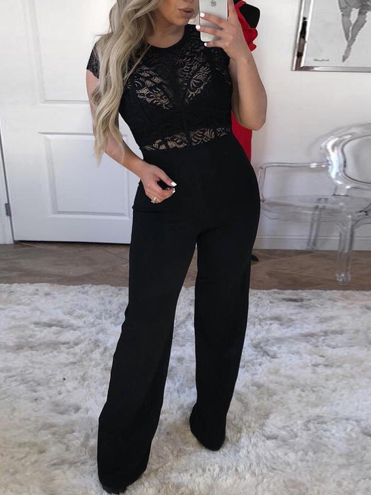 Solid See Through Lace Patchwork Flared Leg Jumpsuit - DadHats2ow6ix