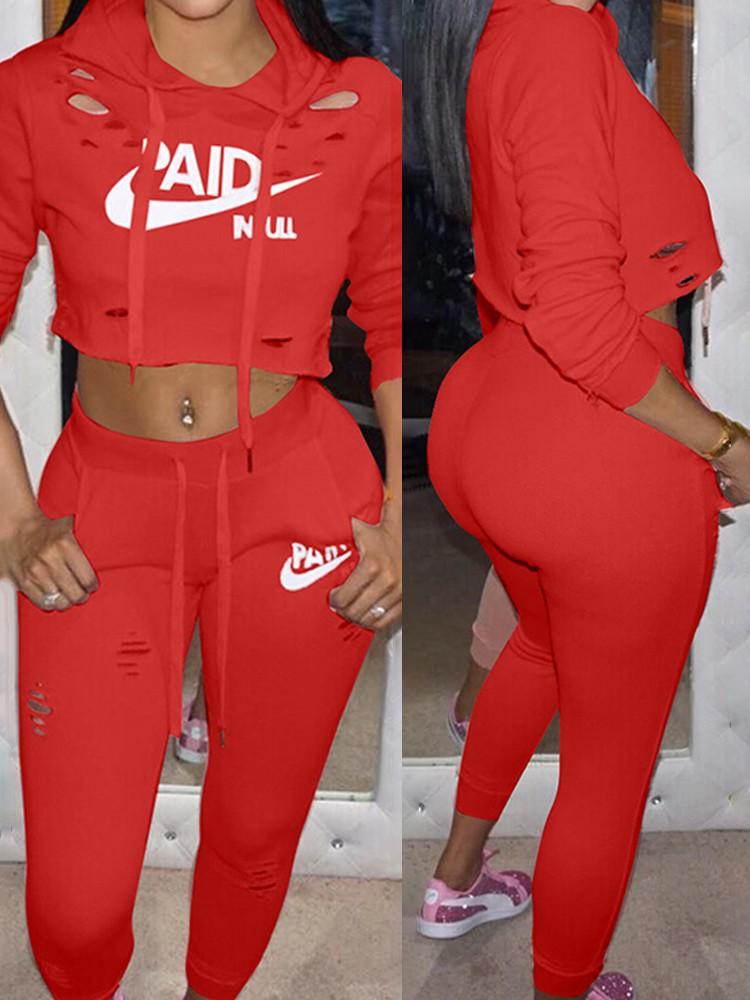 Fashion Ripped Letter Print Drawstring Cropped Tracksuit - DadHats2ow6ix