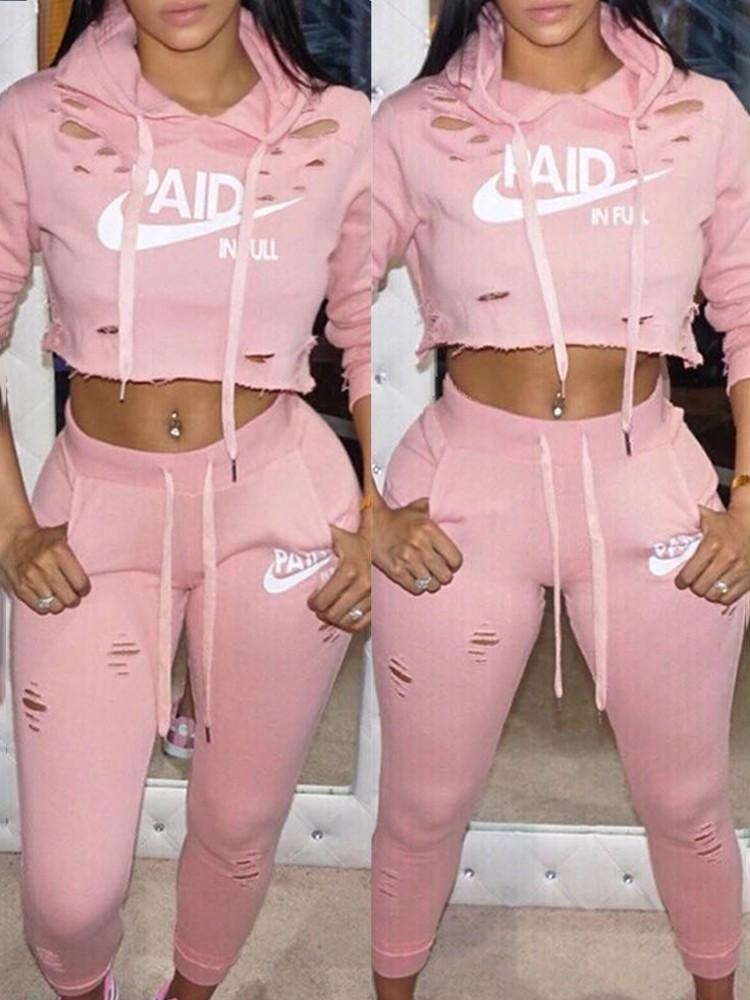 Fashion Ripped Letter Print Drawstring Cropped Tracksuit - DadHats2ow6ix