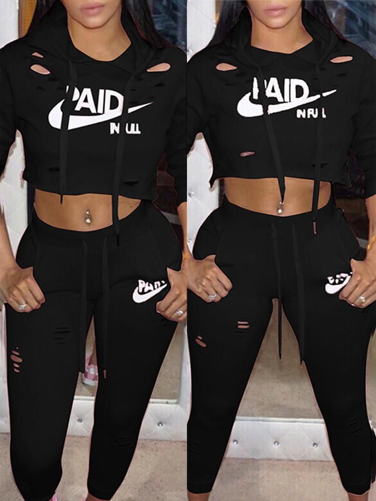 Fashion Ripped Letter Print Drawstring Cropped Tracksuit - DadHats2ow6ix