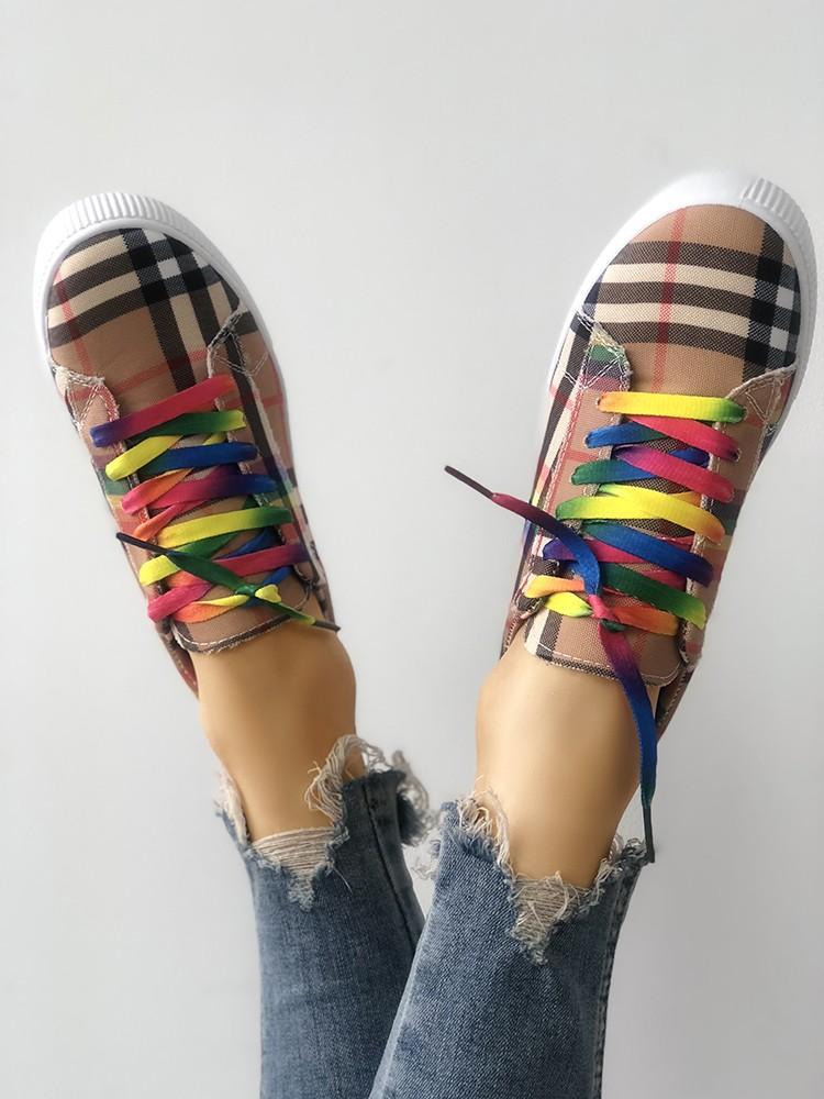 Colorful Lace-Up Plaid Print Casual Sneakers - DadHats2ow6ix