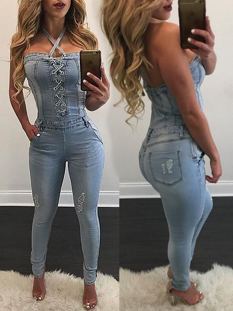 Stylish Criss Cross Halter Neck Denim Jumpsuit - DadHats2ow6ix