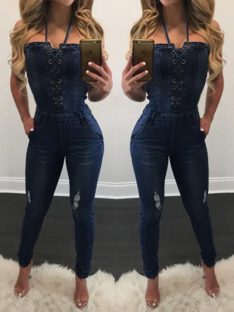 Stylish Criss Cross Halter Neck Denim Jumpsuit - DadHats2ow6ix