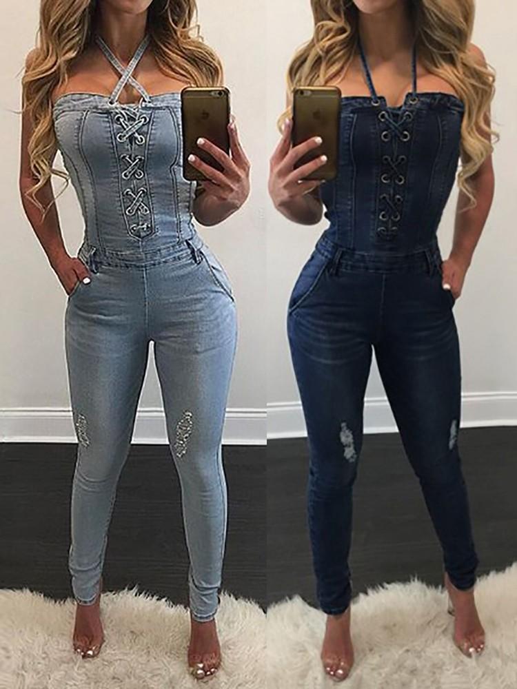 Stylish Criss Cross Halter Neck Denim Jumpsuit - DadHats2ow6ix