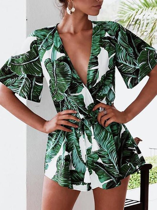 Stylish Leaf Print Short Sleeve Wrapped Playsuit - DadHats2ow6ix