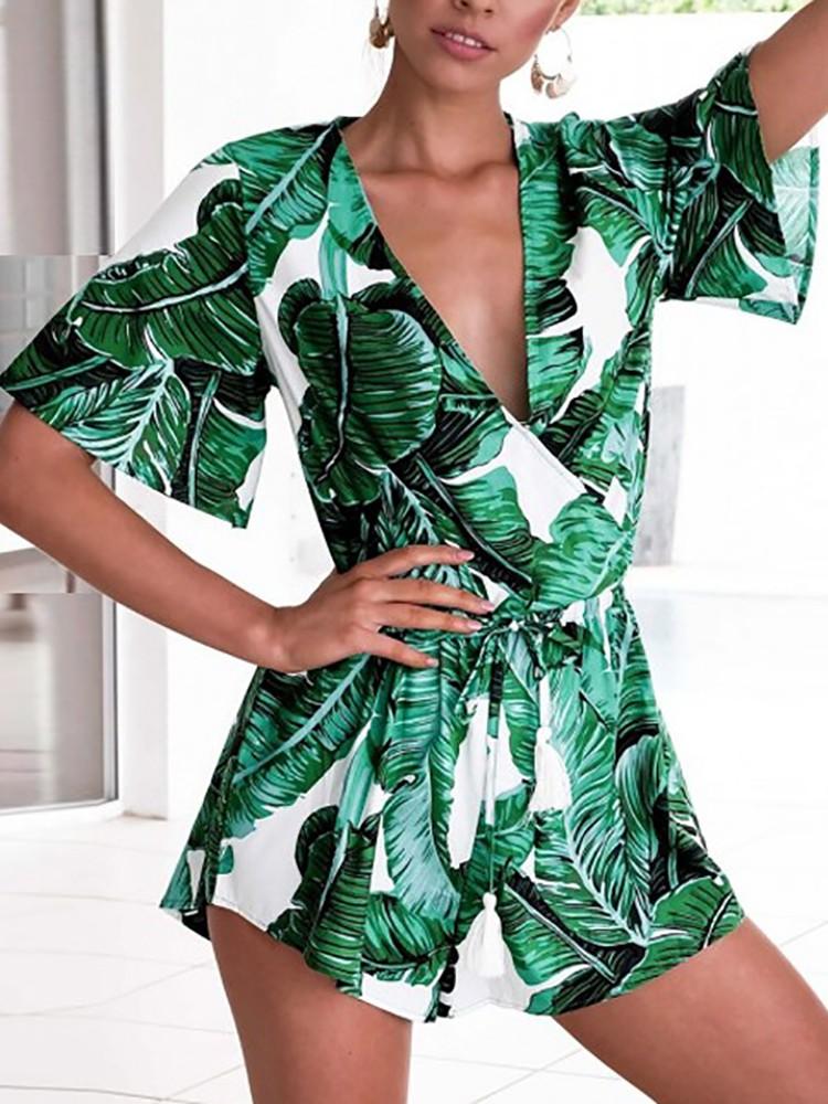 Stylish Leaf Print Short Sleeve Wrapped Playsuit - DadHats2ow6ix