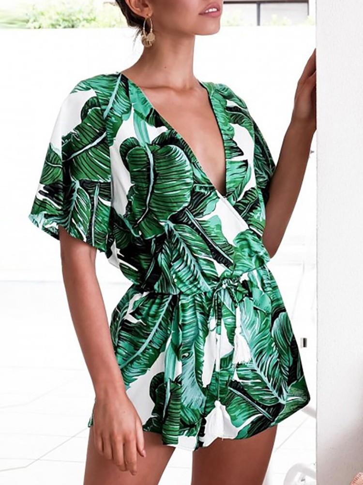 Stylish Leaf Print Short Sleeve Wrapped Playsuit - DadHats2ow6ix