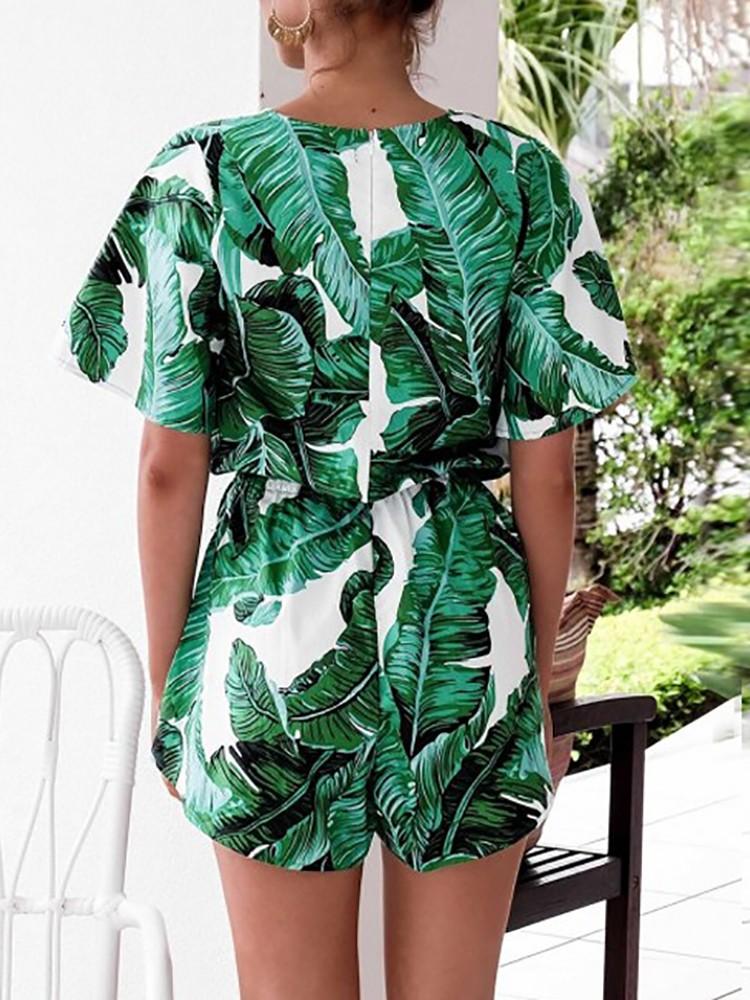 Stylish Leaf Print Short Sleeve Wrapped Playsuit - DadHats2ow6ix