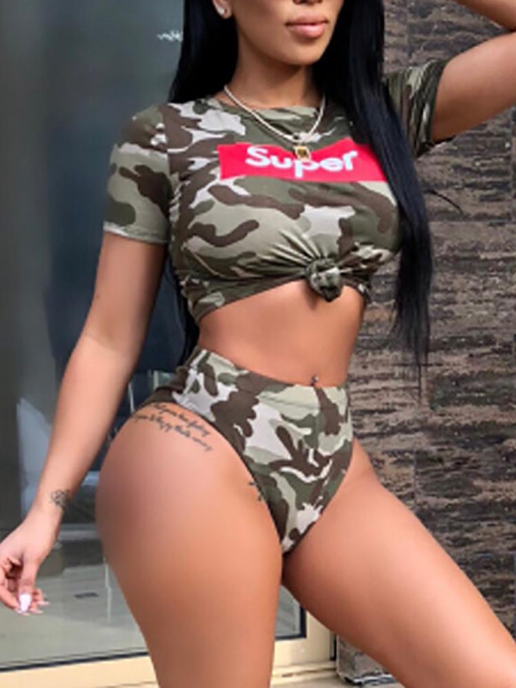 Camouflage Print Short Sleeve Cropped Swimsuit - DadHats2ow6ix