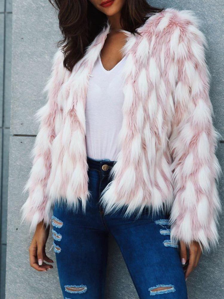 Color Block Open Front Fluffy Faux Fur Coat - DadHats2ow6ix