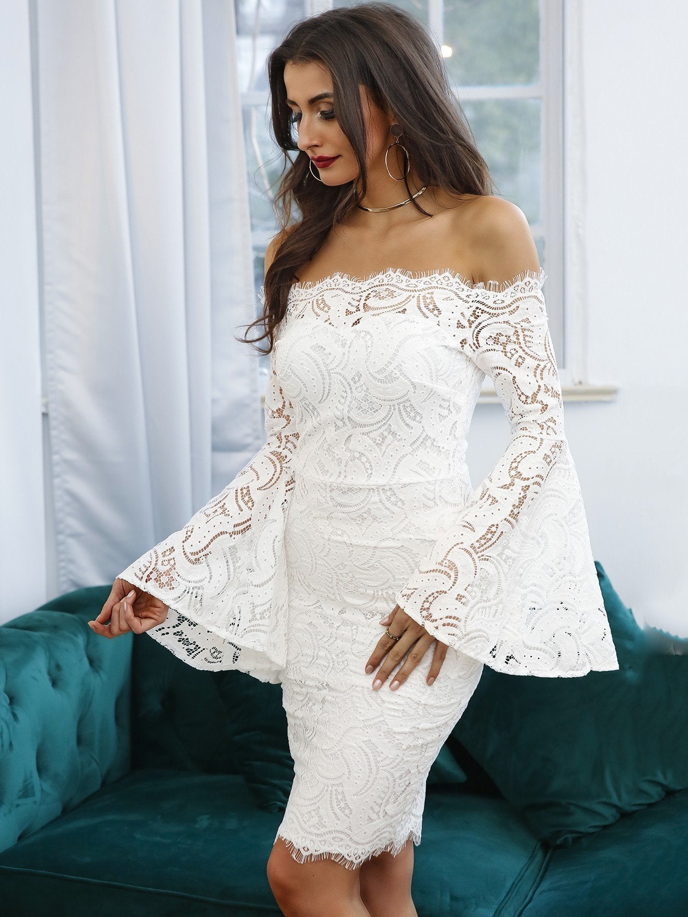 Off Shoulder Flared Sleeve Lace Bodycon Dress - DadHats2ow6ix