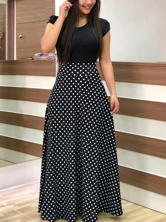 Short Sleeve Polka Dots Print Patchwork Maxi Dress - DadHats2ow6ix