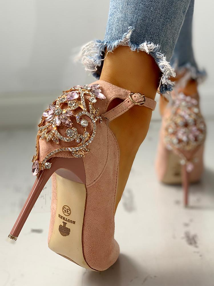 Gem-Studded Pointed Toe Ankle Strap Heels - DadHats2ow6ix