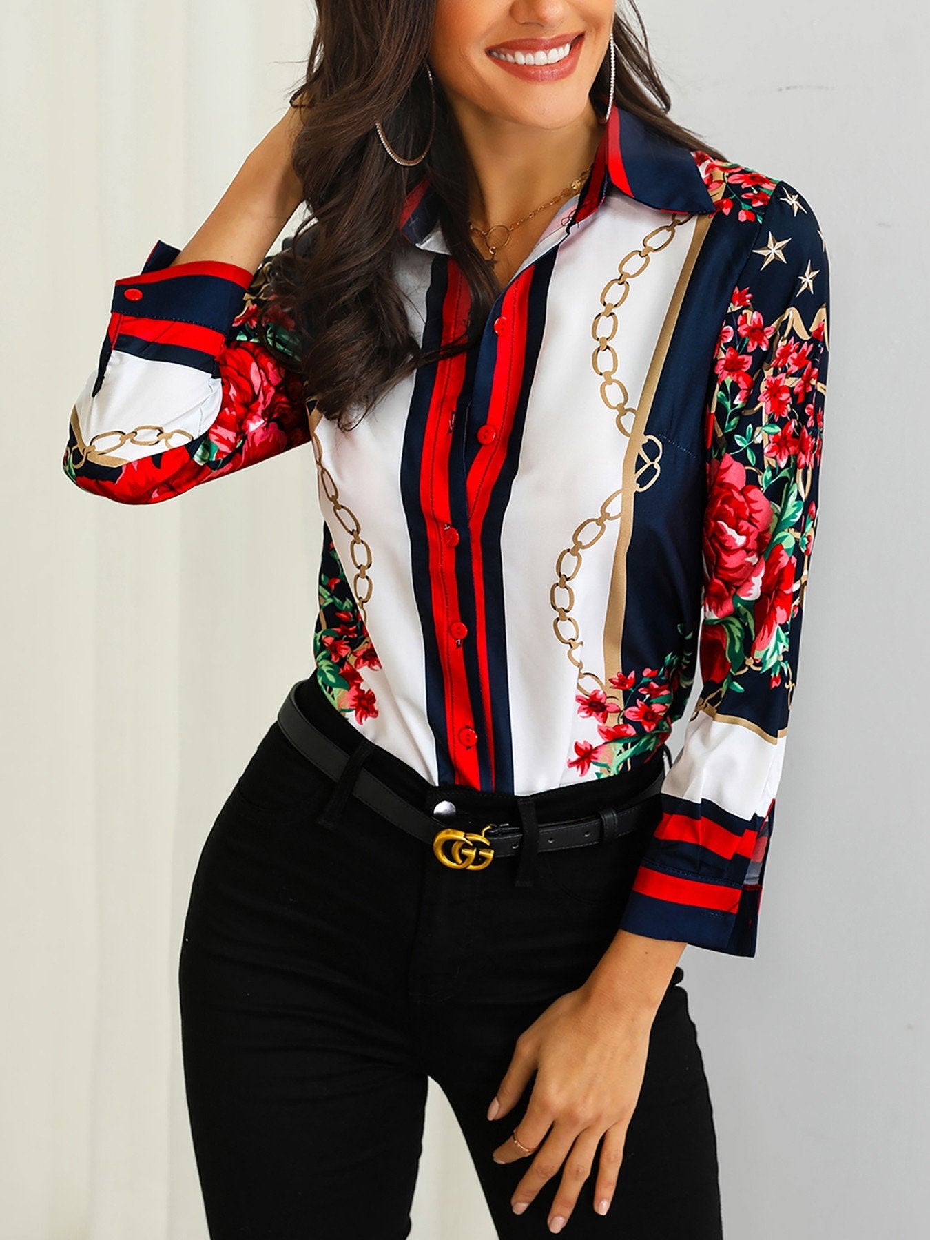 Floral & Chains Print Casual Blouse - DadHats2ow6ix