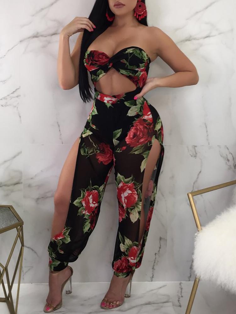 Floral Print Twist Front Cutout Slit Leg Jumpsuits - DadHats2ow6ix