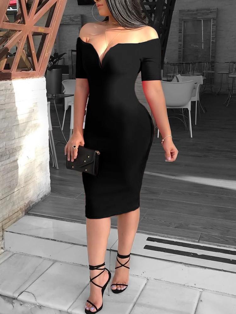 Solid Off Shoulder Short Sleeve Bodycon Dress - DadHats2ow6ix