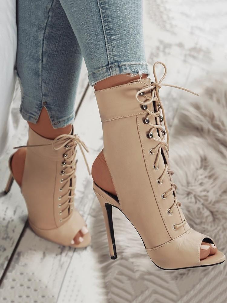 Stylish Lace-up Open Toe High-heeled Boots - DadHats2ow6ix