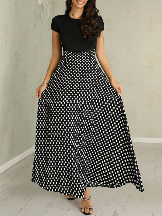 Short Sleeve Polka Dots Print Patchwork Maxi Dress - DadHats2ow6ix