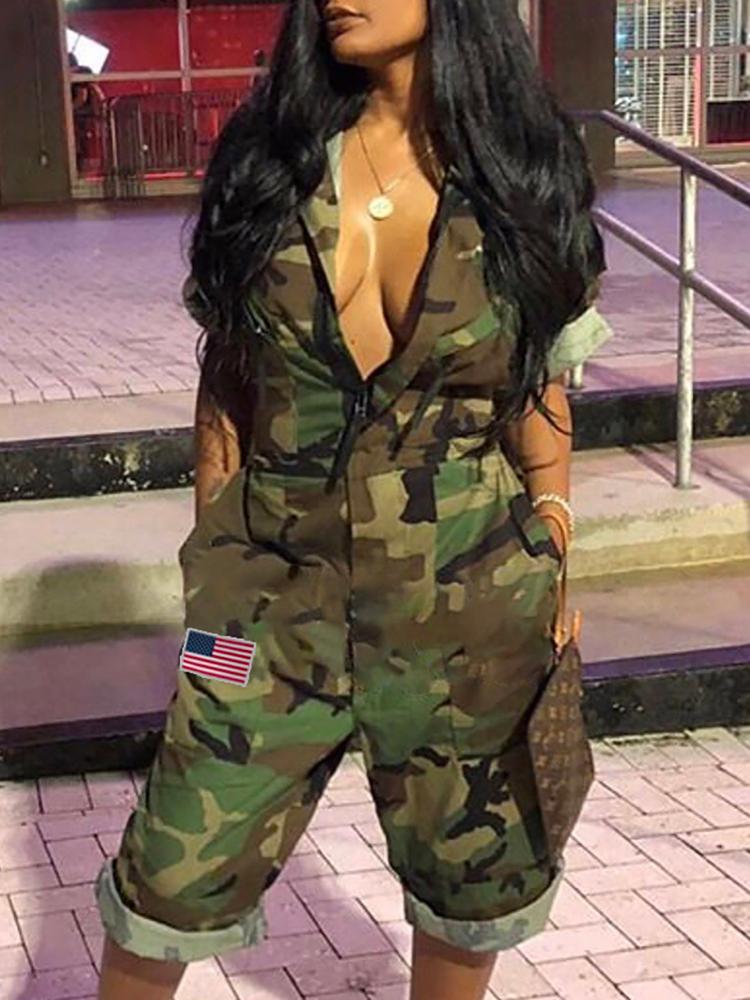 Camo Roll-Sleeve Zipper Casual Jumpsuit - DadHats2ow6ix