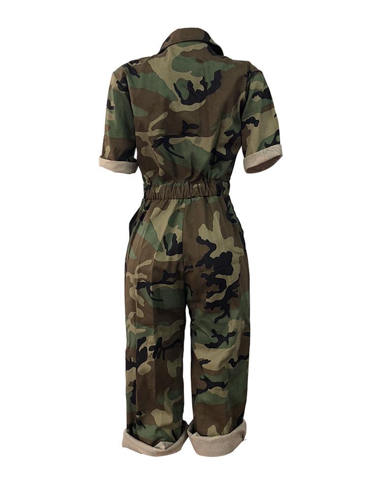 Camo Roll-Sleeve Zipper Casual Jumpsuit - DadHats2ow6ix