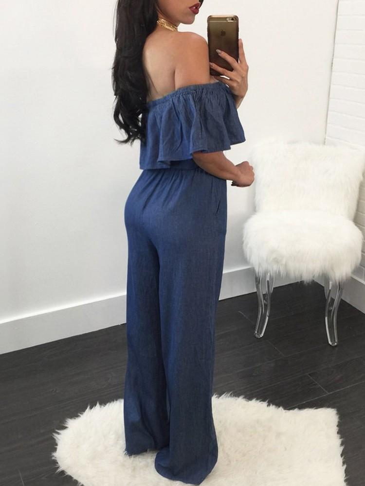 Trendy Flounced Off Shoulder Flared Denim Jumpsuit - DadHats2ow6ix