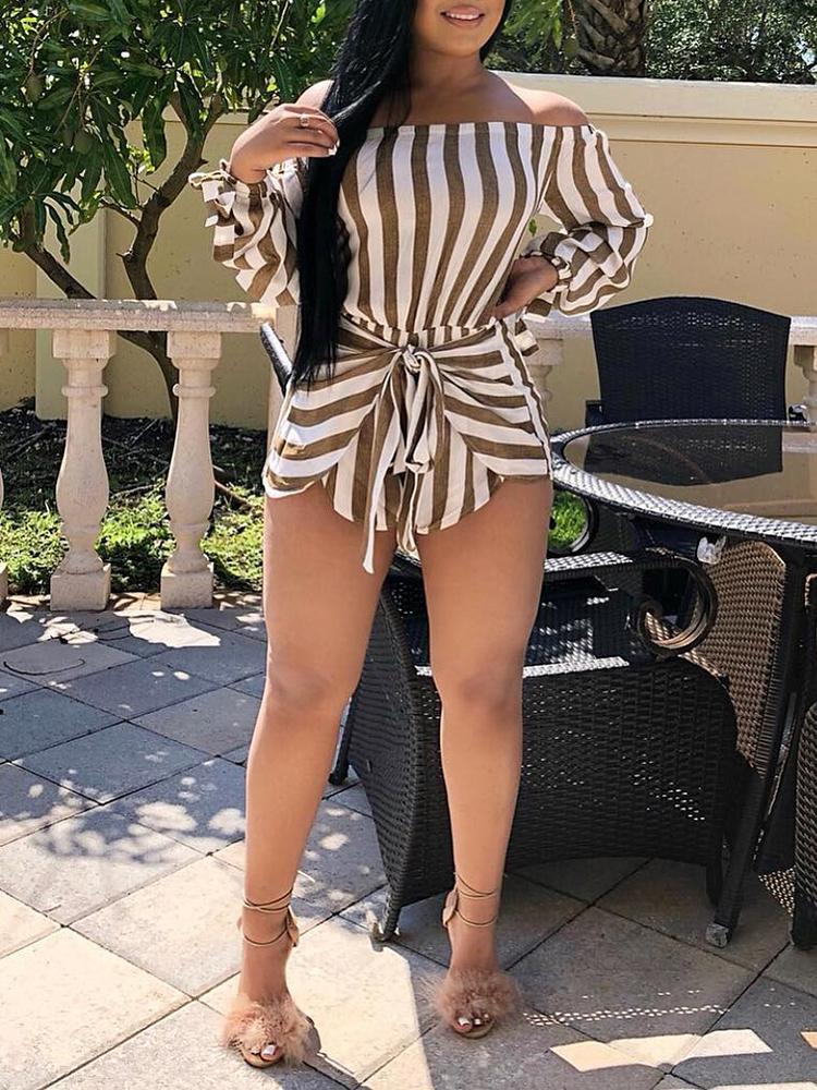 Striped Tie Waist Casual Bardot Romper - DadHats2ow6ix