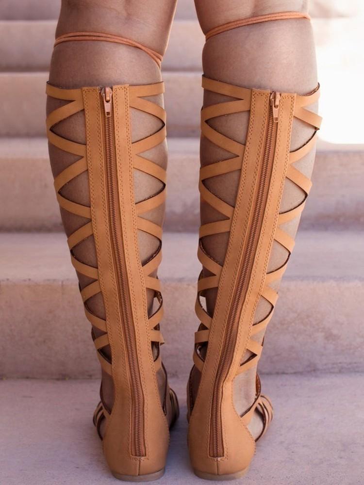 Stylish Lace-up Hollow Gladiator Flat Boots - DadHats2ow6ix