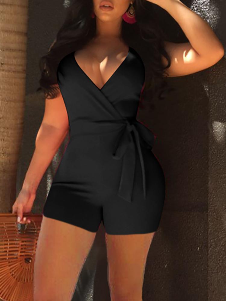 Solid Color Tie Waist Wrap Romper - DadHats2ow6ix