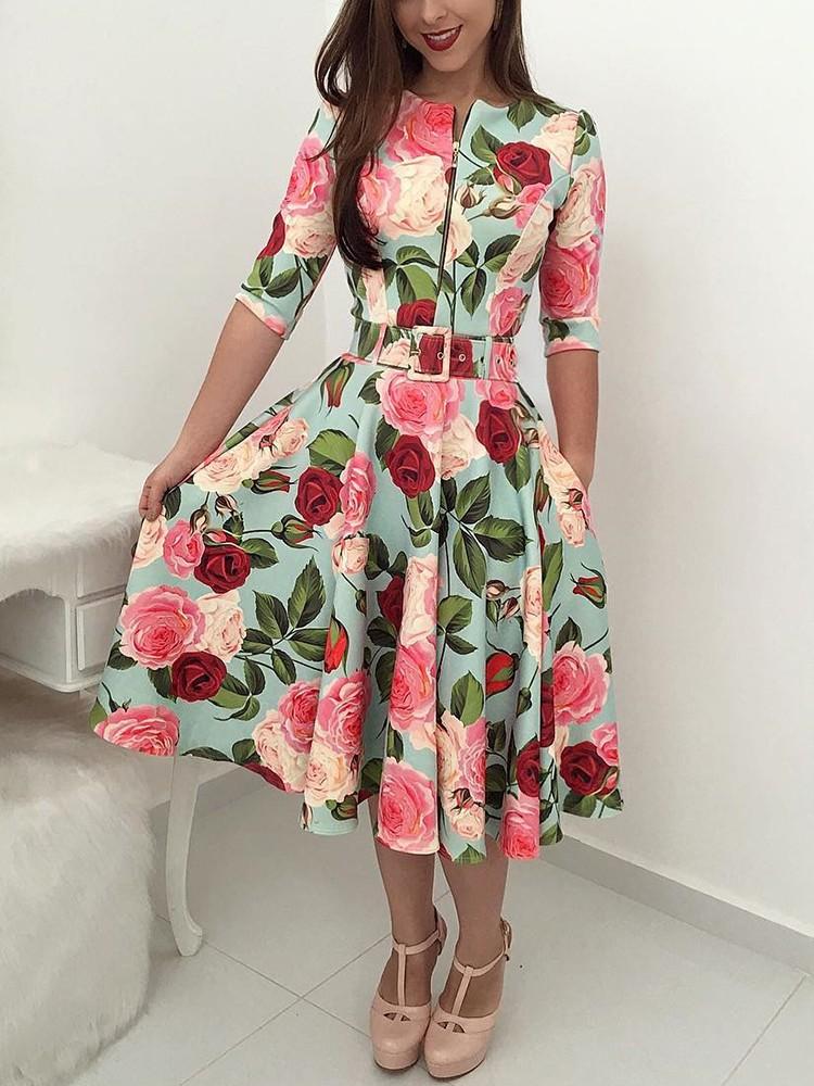 Floral Print Zipper Up Self Belted Pleated Dress - DadHats2ow6ix