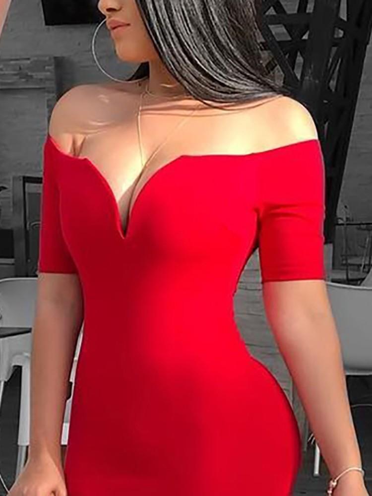 Solid Off Shoulder Short Sleeve Bodycon Dress - DadHats2ow6ix