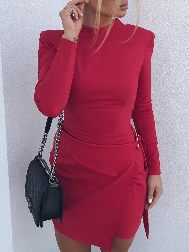 Solid Long Sleeve Bodycon Mini Dress - DadHats2ow6ix