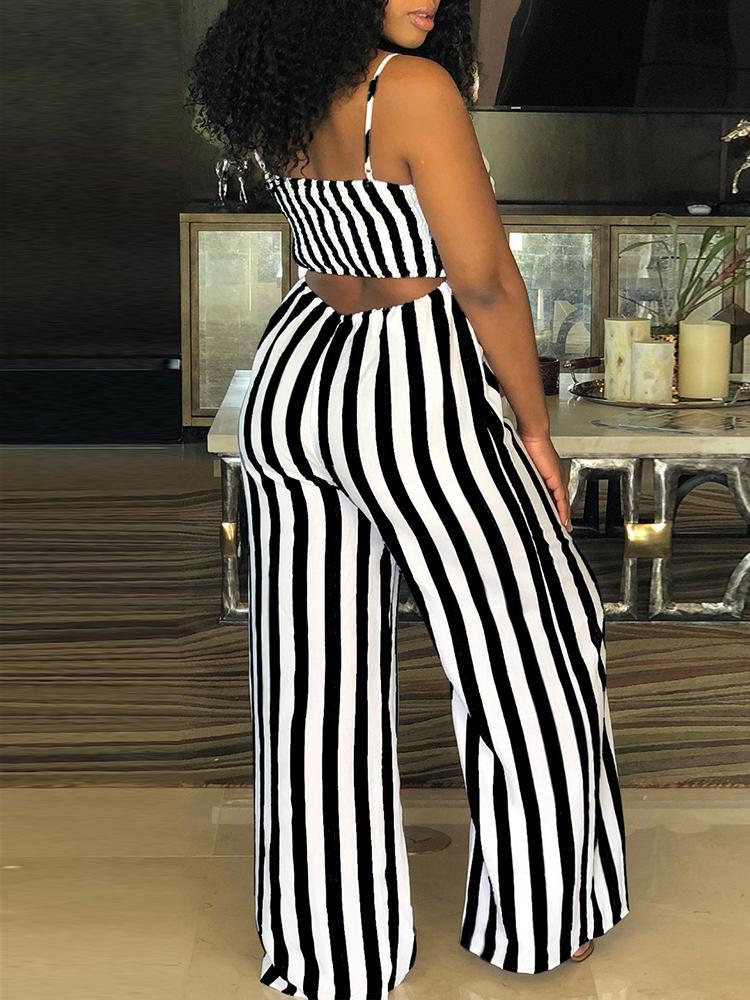 Striped Bowtie Detail Cutout Back Jumpsuit - DadHats2ow6ix