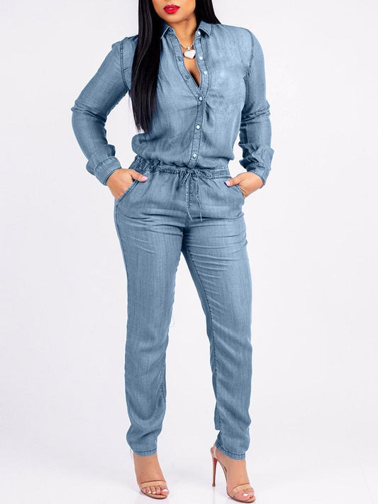 Denim Long Sleeve Pocket Drawstring Jumpsuit - DadHats2ow6ix