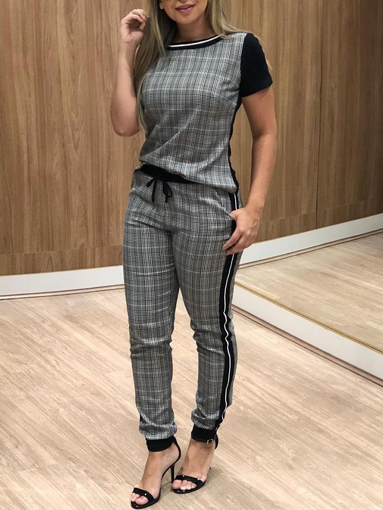 Side Striped Plaid Print Drawstring Casual Pants Set - DadHats2ow6ix