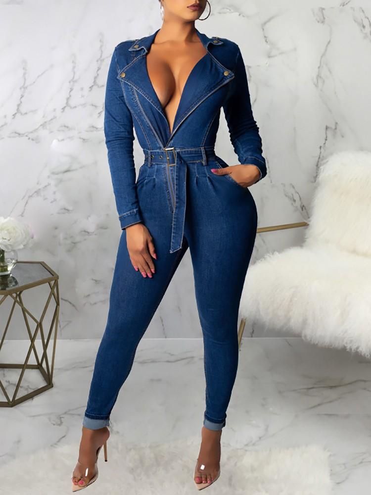 Zip Detail Belted Denim Jumpsuit - DadHats2ow6ix