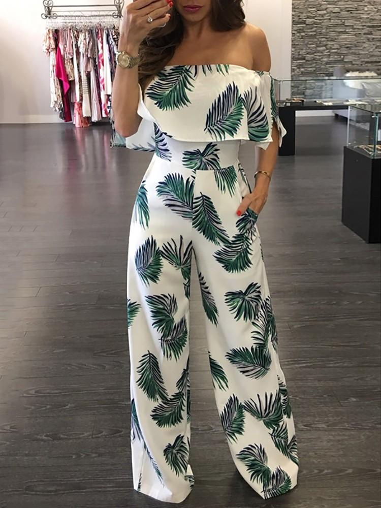 Fashion Print Frilled Off Shoulder Flared Jumpsuit - DadHats2ow6ix